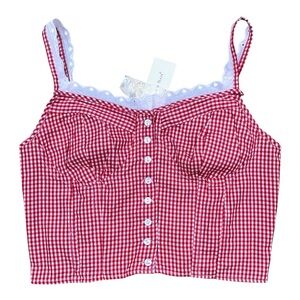 NEW Sim & Sam Red Gingham Cotton Crop Top Smocked Back XL Eyelet Edging Button